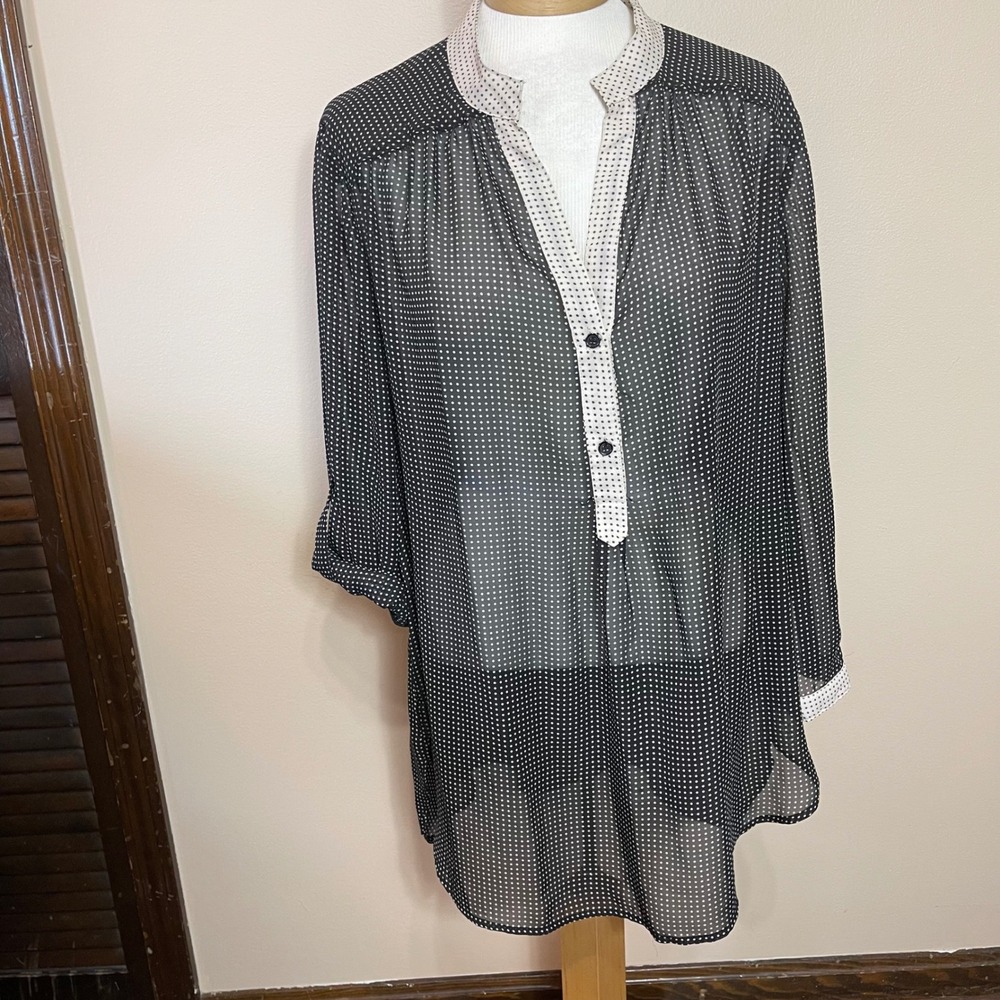 NEW Tacera Womens 2X Polka Dot Sheer Tunic Blouse Black White Roll Tab Sleeve
